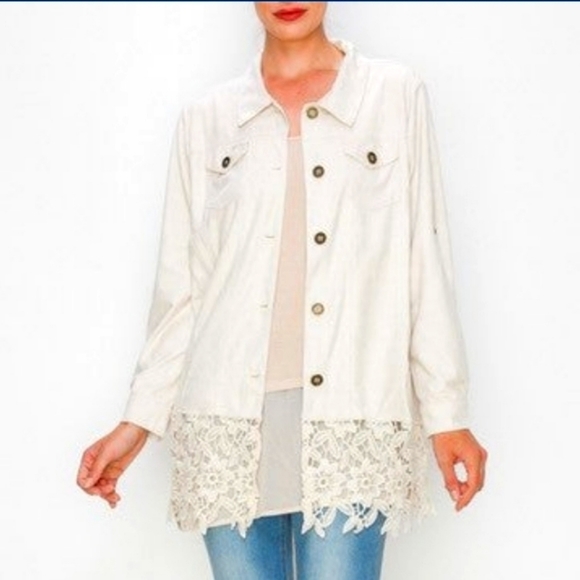 L/XL Origami Lace Trim Ivory Faux Suede Shacket L/XL NWT - Picture 1 of 4